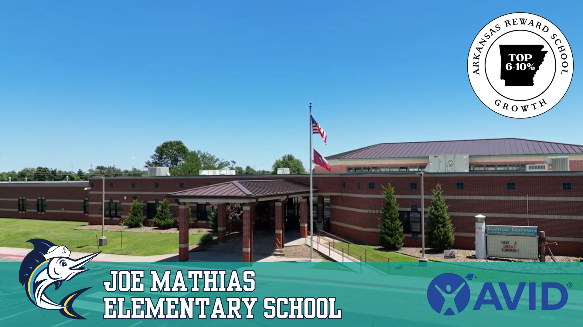 An exterior view of Joe Mathias Elementary School with its name, logo, and the AVID logo.